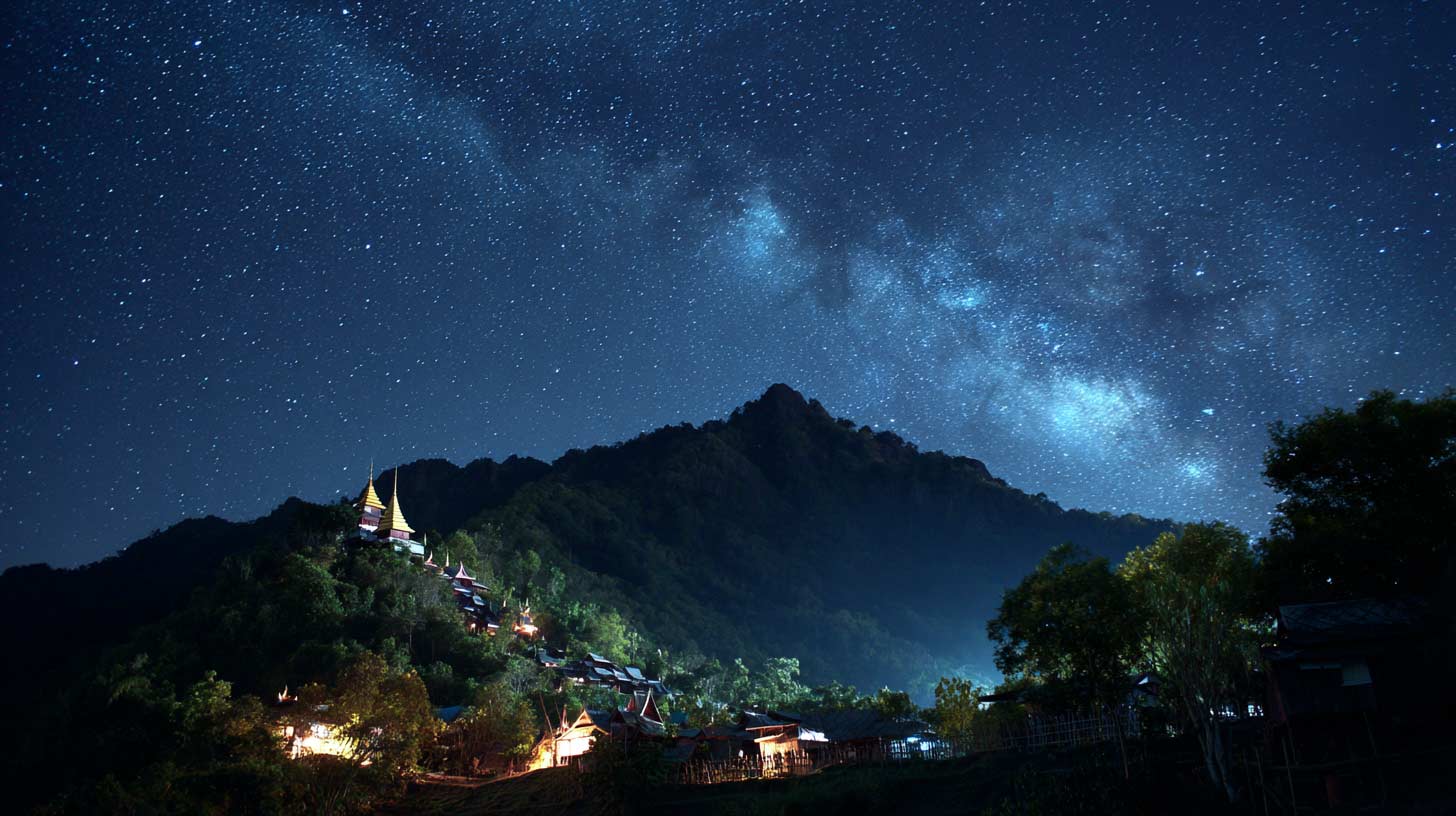 Chiang Mai Mountains and Sky at night with temple